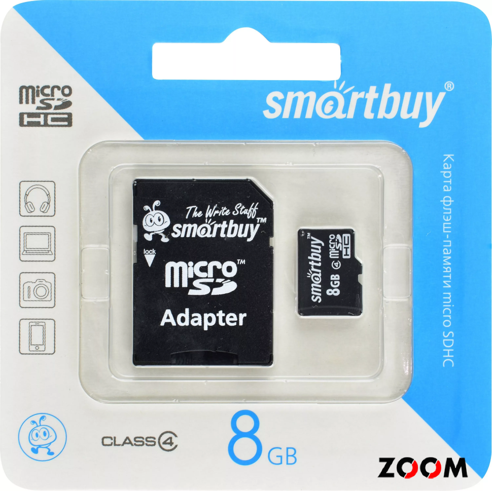 8GB карта памяти MicroSDHC class6 Smart Buy +SD адаптер