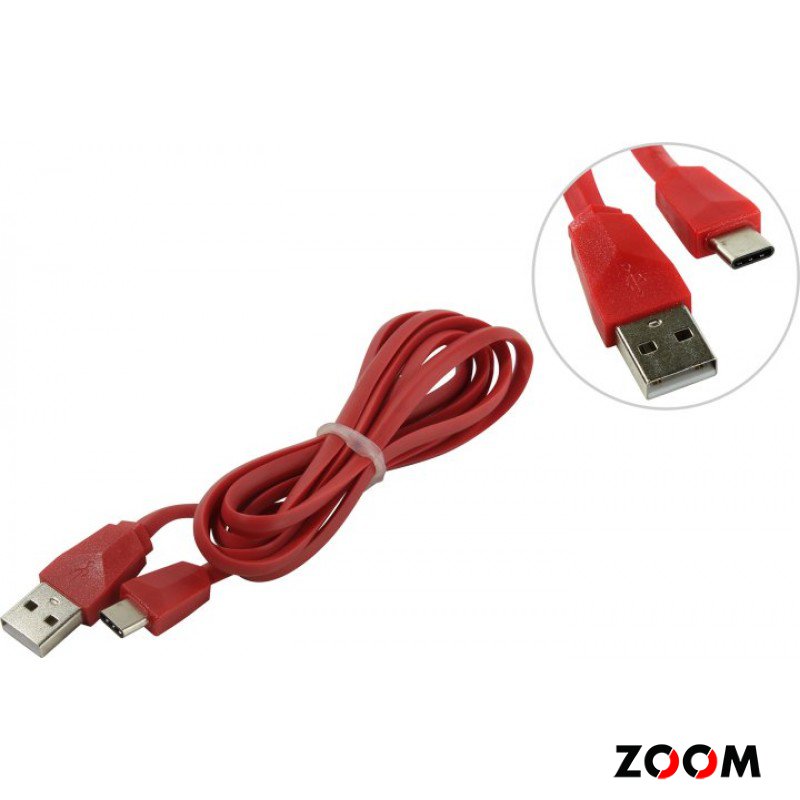 Дата-кабель Smartbuy USB 2.0 - USB TYPE C, плоский, длина 1 м, красный (iK-3112r red)/60